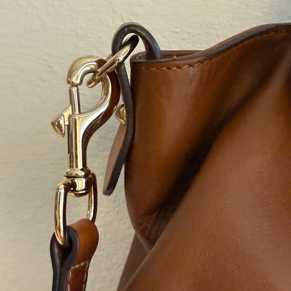 Dooney & Bourke Pebble Grain Satchel Bag in Smooth Brown Leather, Gold Accents - Picture 6 of 13